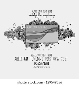 Hand drawn alphabet, frame. Vector illustration with space for your text.