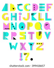 Hand Drawn Alphabet. Geometric Funny Font. Colorful Vector Letters. 80s - 90s Style