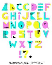 Hand drawn alphabet. Geometric funny font. Colorful vector letters. 80s - 90s style