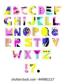 Hand Drawn Alphabet. Geometric Funny Font. Colorful Vector  Marker Scribble Letters. 80s - 90s Style. Vivid Colors