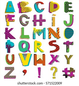Hand drawn alphabet. Geometric funny font. Primitive simple stylized ABC design. Funny Doodle elements, childish ornament. Hand drawn vector illustration.