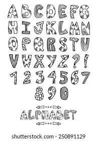 Hand drawn alphabet. Handwritten font. Vector illustration.