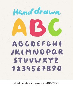 Hand drawn alphabet. Handwritten letters and numbers.