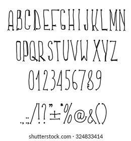 Hand drawn alphabet handwritting abc vector font. Type letters, numbers and punctuation marks.