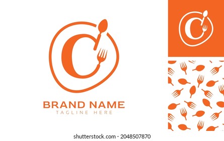 Hand drawn alphabet letter C logo using Spoon, Fork in a circle with color variation and pattern in orange color theme for creative branding design