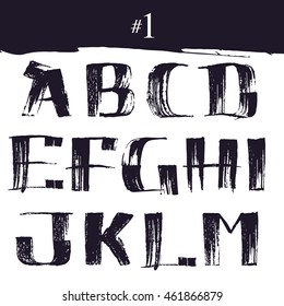 Hand drawn alphabet letter with dry brush. Part 1. Manual tracing with clean lines. Not auto trace. Vector grunge style design elements for T-shirt, label, badge, card or poster.