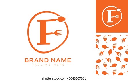 Hand drawn alphabet letter F logo using Spoon, Fork in a circle with color variation and pattern in orange color theme for creative branding design