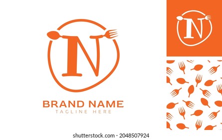 Hand drawn alphabet letter N logo using Spoon, Fork in a circle with color variation and pattern in orange color theme for creative branding design