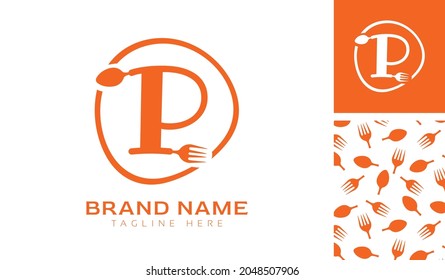 Hand drawn alphabet letter P logo using Spoon, Fork in a circle with color variation and pattern in orange color theme for creative branding design