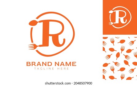 Hand drawn alphabet letter R logo using Spoon, Fork in a circle with color variation and pattern in orange color theme for creative branding design
