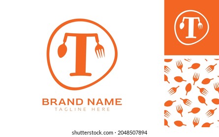 Hand drawn alphabet letter T logo using Spoon, Fork in a circle with color variation and pattern in orange color theme for creative branding design
