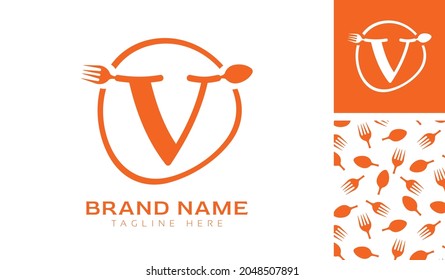 Hand drawn alphabet letter V logo using Spoon, Fork in a circle with color variation and pattern in orange color theme for creative branding design