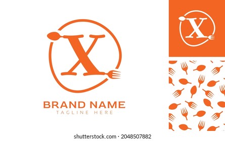 Hand drawn alphabet letter X logo using Spoon, Fork in a circle with color variation and pattern in orange color theme for creative branding design