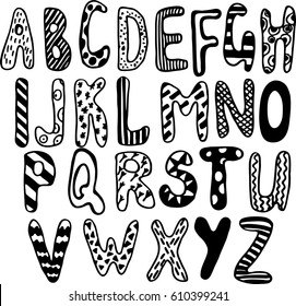 Hand drawn alphabet. Lettering. Unique font.  Letters for birthday, holidays greeting. 