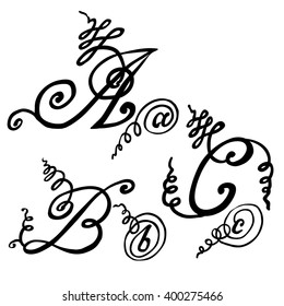Hand drawn Alphabet, Letters A, B, C,  Calligraphy.