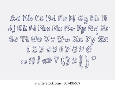 Hand drawn alphabet letters doodle scribble childrens abc, vector font. Type, numbers, characters and punctuation marks.