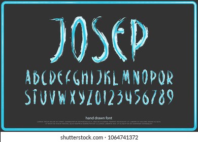 hand drawn alphabet letters and numbers. vector brush, font type design. handcrafted lettering symbols, paintbrush typesetting. blue color write typeface