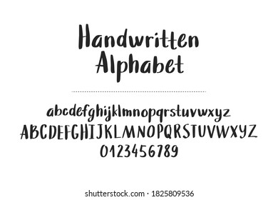 hand drawn alphabet, letters and numbers on white background, vector illustration