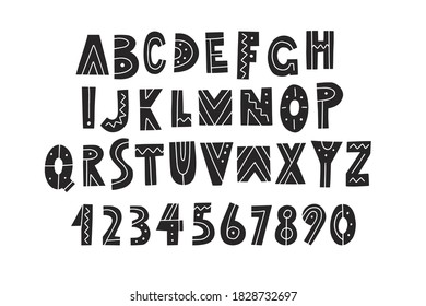 hand drawn alphabet, letters and numbers on chalkboard background, vector illustration