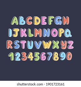 hand drawn alphabet, letters and numbers, vector illustration