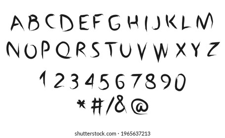 Hand drawn alphabet.  Letters and numbers grunge style. Vector illustration  isolated on the white background.