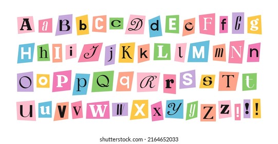 Hand drawn alphabet. Letters on pieces of paper in different colors.
Set of capital and lowercase letters.
Cuts from newspaper, anonymous message style
Vector illustration isolated on white background