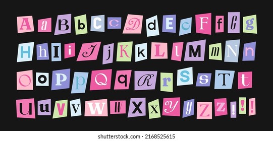 Hand drawn alphabet. Letters on pieces of paper in different colors.
Set of capital and lowercase letters.
Cuts from newspaper, anonymous message style
Vector illustration isolated on black background