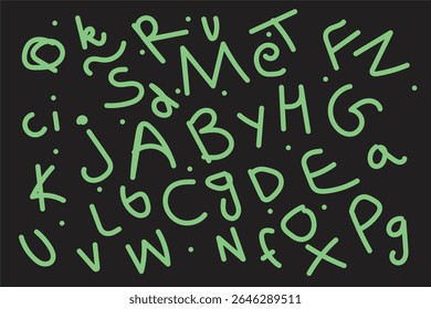 Hand drawn alphabet letters on blackboard background, colorful chalk doodle design, Vector illustration of hand drawn uppercase and lowercase English alphabet letters in multicolor chalk style 

