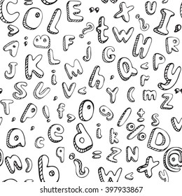 Hand drawn alphabet letters with shadows. Vector seamless pattern on white background. Background, adc texture