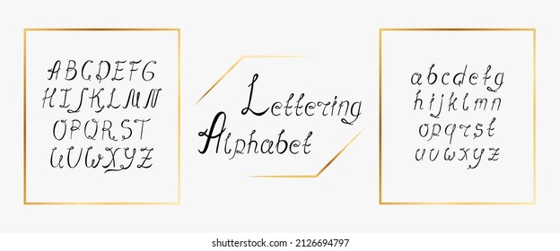 Hand drawn alphabet with lowercase and capital letters collection. Design logo, card, wedding invitation. Lettering ink cursive font set isolated. Brush painted typeface in black. Vector illustration