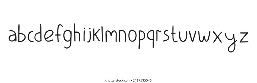 Hand drawn alphabet. Lowercase letters. Flat design. Vector illustrations on white background.