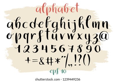 Hand drawn alphabet, marks and numbers. Handwritten lettering in brush style. Modern script in vector. Handmade artistic letters and figures for design.