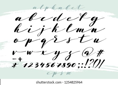 Hand drawn alphabet, marks and numbers. Handwritten lettering in brush style. Modern script in vector. Handmade artistic letters and figures for design