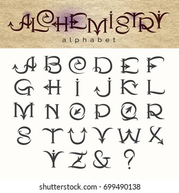 Hand drawn alphabet in medieval alchemy style. Vector illustration