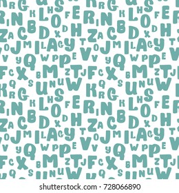 Hand drawn alphabet monochrome blue letters seamless pattern. Ink sketch texture and background
