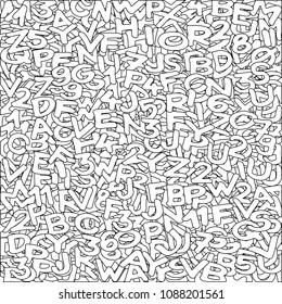 Hand drawn alphabet and numbers pattern digitally mixed and outlined