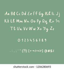 Hand drawn alphabet numbers and punctuation marks. Rustic font. Vector ABC. Latin letters