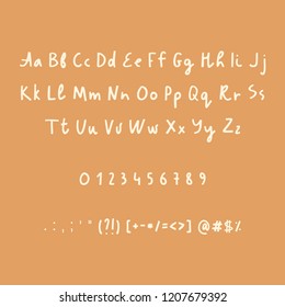 Hand drawn alphabet numbers and punctuation marks. Rustic font. Vector ABC. Latin letters