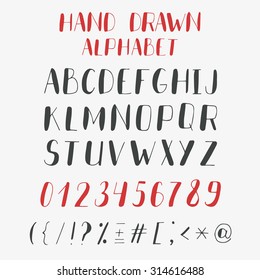 Hand drawn alphabet and numbers. Vector ABC letters. Vector illustration