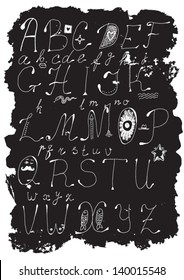 Hand drawn alphabet on black grunge background