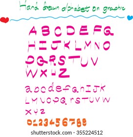 Hand drawn alphabet on graphic background.