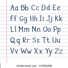 A hand drawn alphabet on lined paper