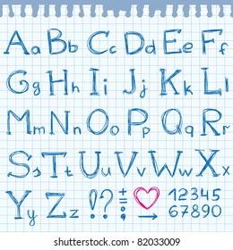 hand drawn alphabet on realistic paper page