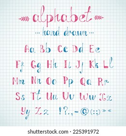 Hand drawn alphabet with punctuation marks on a paper background