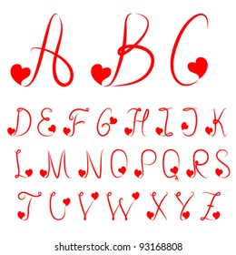 Hand drawn alphabet of red color with hearts