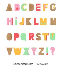 Hand Drawn alphabet in retro style. Wood letter texture. Pink, green, mustard, brown colors. Vector illustration. 