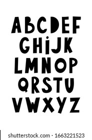 Alfabeto dibujado a mano. Letras vectoriales al estilo escandinavo. Cartel para niños. Diseño de guardería. 
