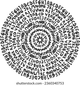 Hand drawn alphabet, alphabet spelling calligraphy typography hand write brush pen draw black text keyword arrange in circle on white background design for T-shirt print, or wall print or fashion