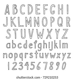 Hand drawn alphabet in thin linear style. Vector set of simple semi bold letters and numbers. Sans serif black handwritten font on isolated white background.