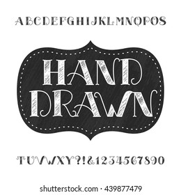 Hand drawn alphabet vector font. Type letters and numbers. Typeface for labels, headlines, posters etc.